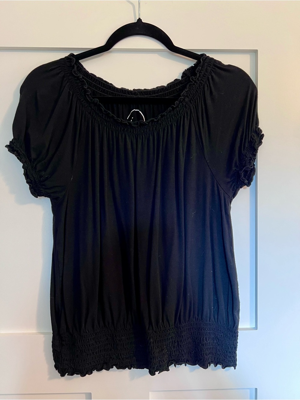 INC International Concepts Black Smocked Short Sleeve Blouse